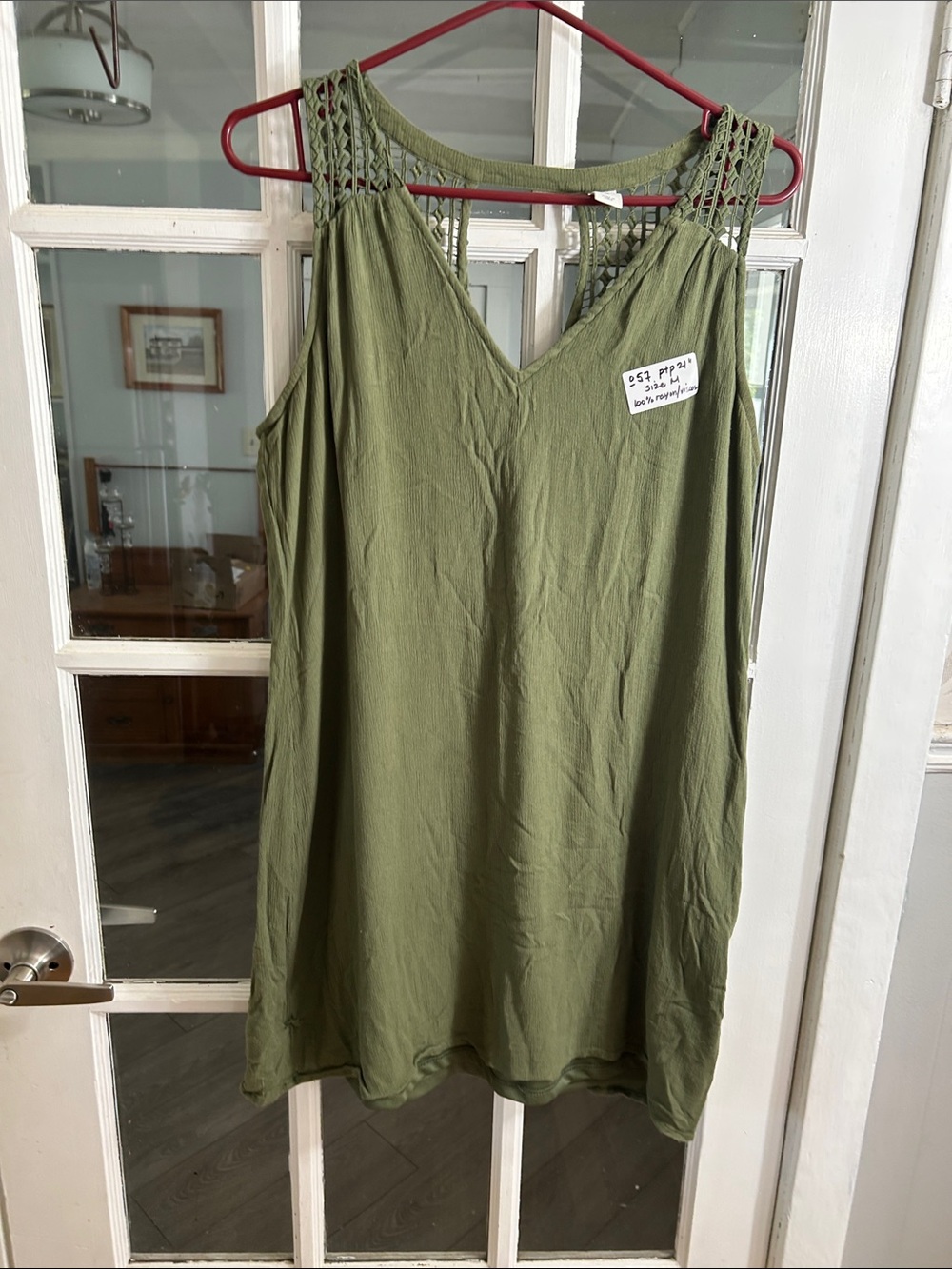 O57. Old Navy Olive Green V-Neck Tank with Macramé Shoulder Detail